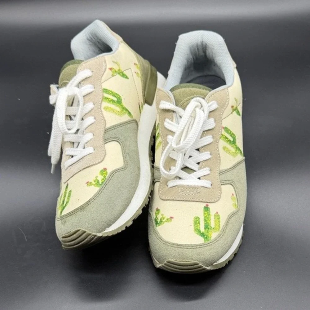 INKKAS Cactus‎ Print Sneakers Women Size 7 US Women 5 US Men Green Tan Lace Up